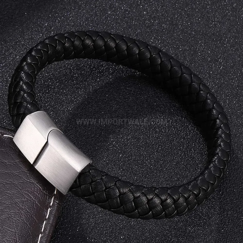 Braided Leather Stainless Steel Magnetic Clasp Men Bracelet