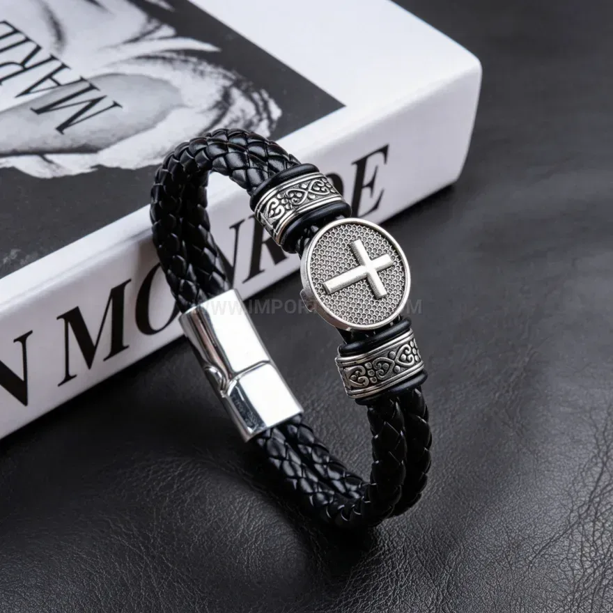 Bold Vintage Woven PU Leather Cross Charm Bracelet With Magnetic Clasp