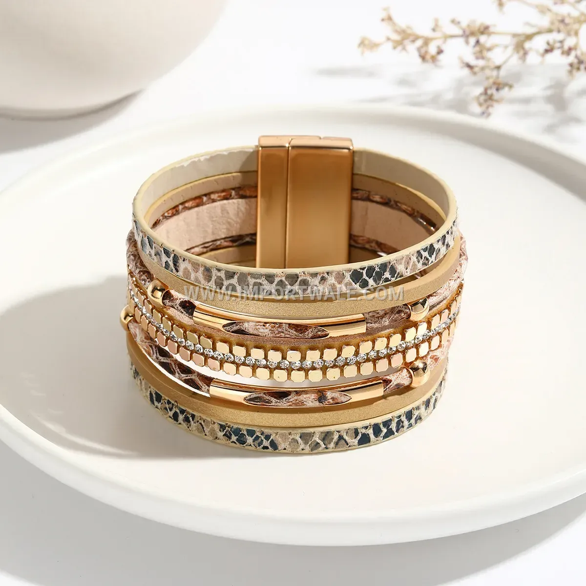 Snakeskin Pattern Woven Leather Bracelet with Magnetic Clasp