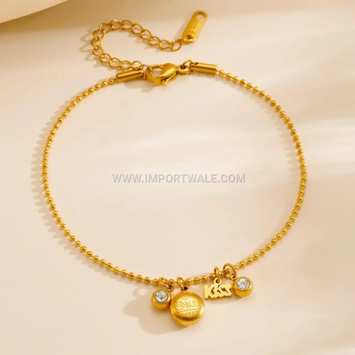 Rhinestone Bear Kiss Letter Stainless Steel Anklet Set