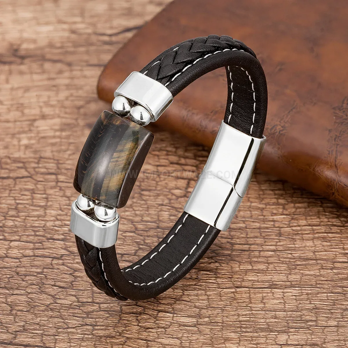 Geometric Stone Leather Woven Bracelet with Magnetic Clasp