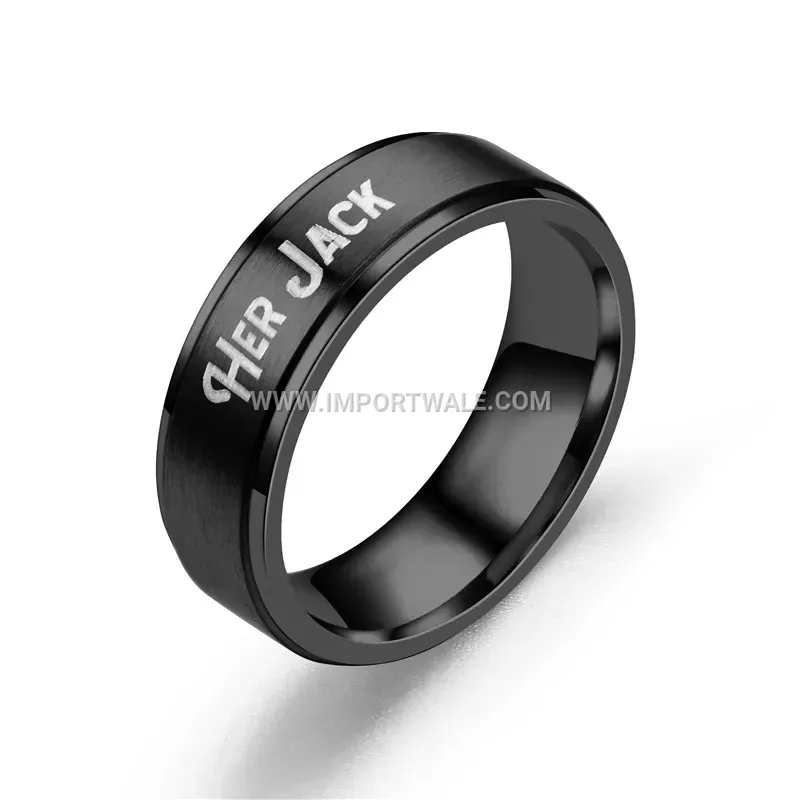 Beveled Edge Black Stainless Steel Engraved Couple Band Ring