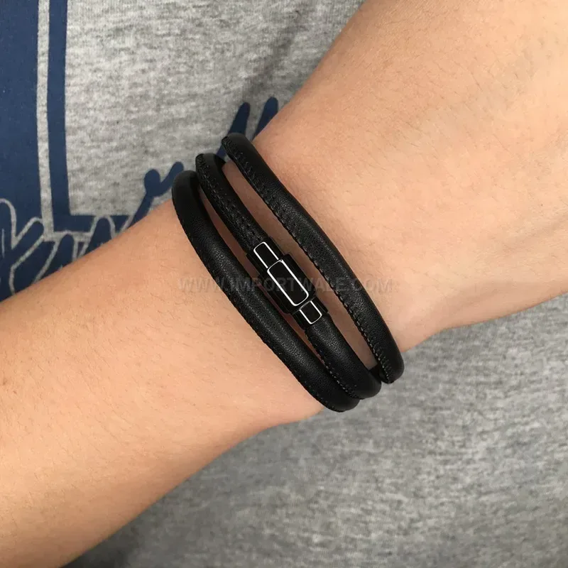 Multi-Layer Black Leather Cord Bracelet with Stainless Steel