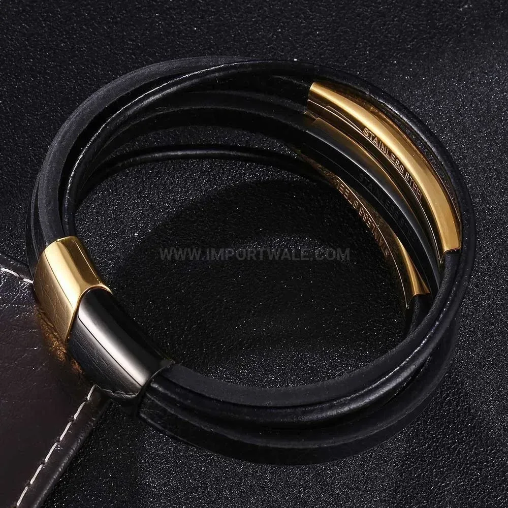 Multi-Layer Black Leather Bracelet with Polished Stainless Steel Clasp