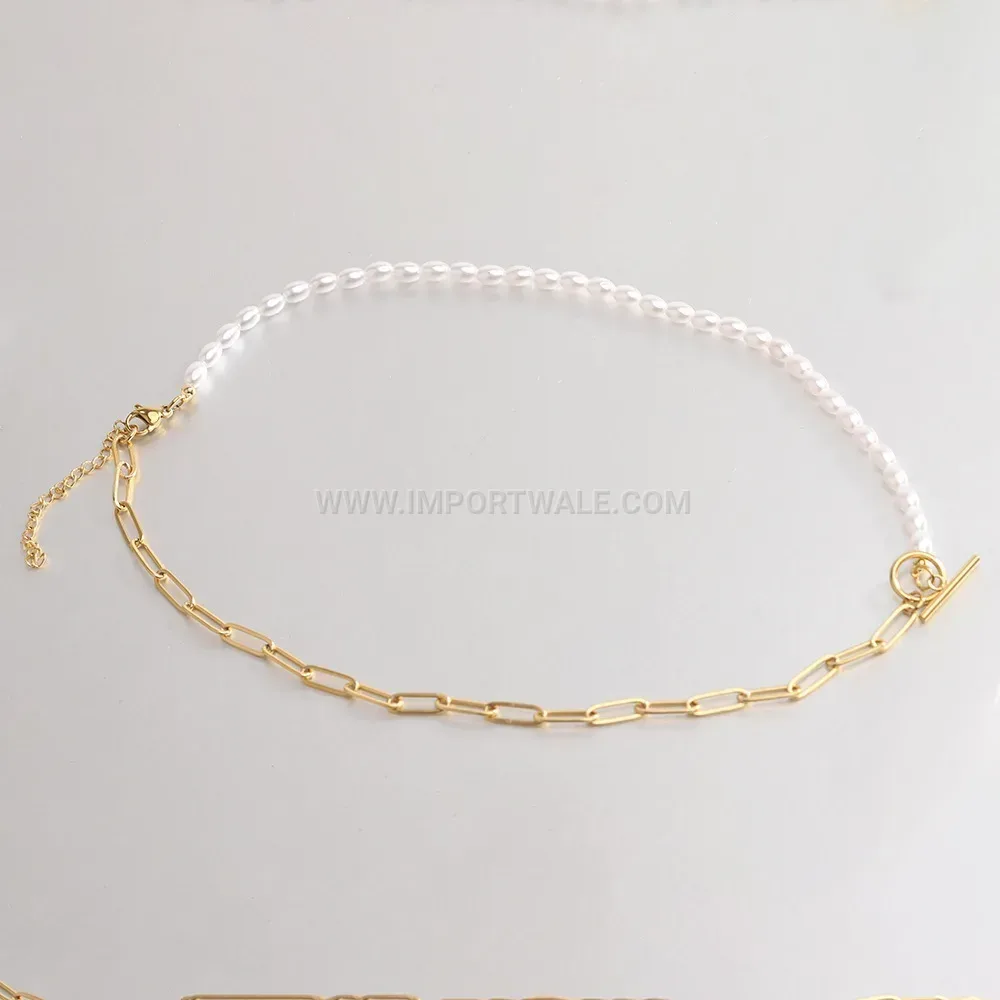 Faux Pearl Splicing Safety Pin Stainless Steel OT Clasp Necklace