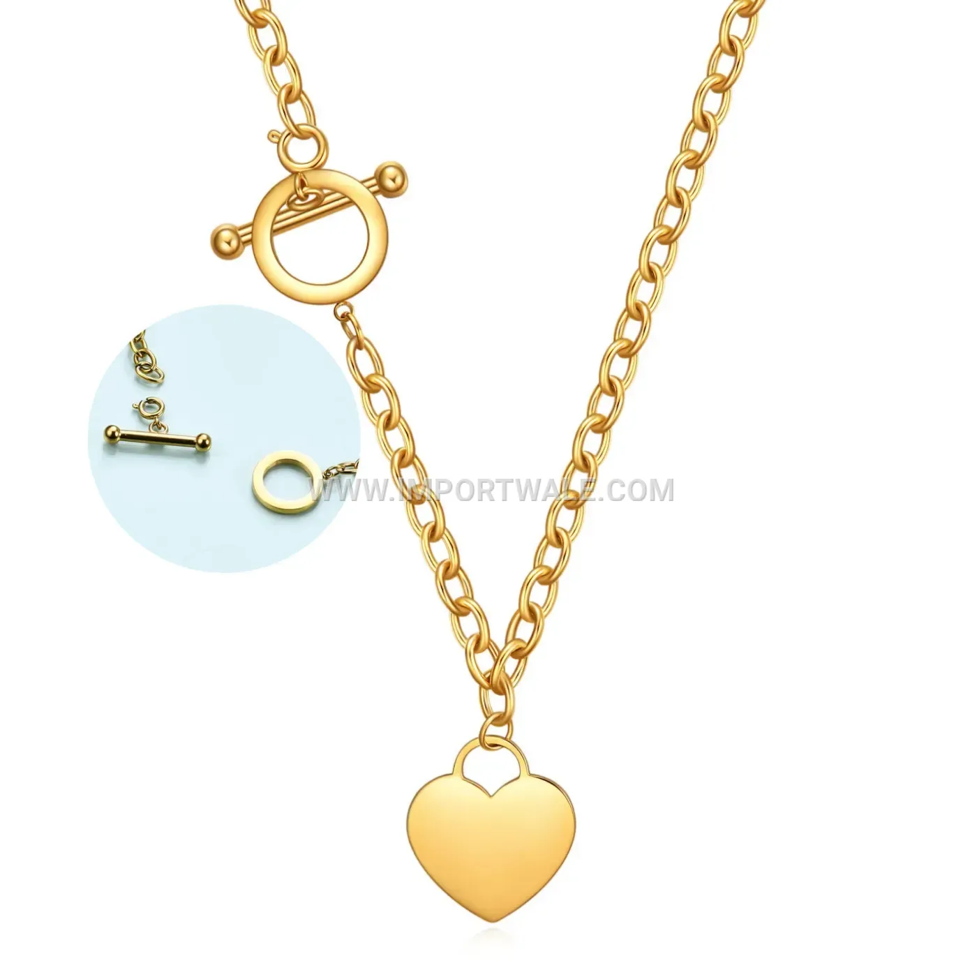Polished Stainless Steel Heart Pendant Toggle Clasp Necklace