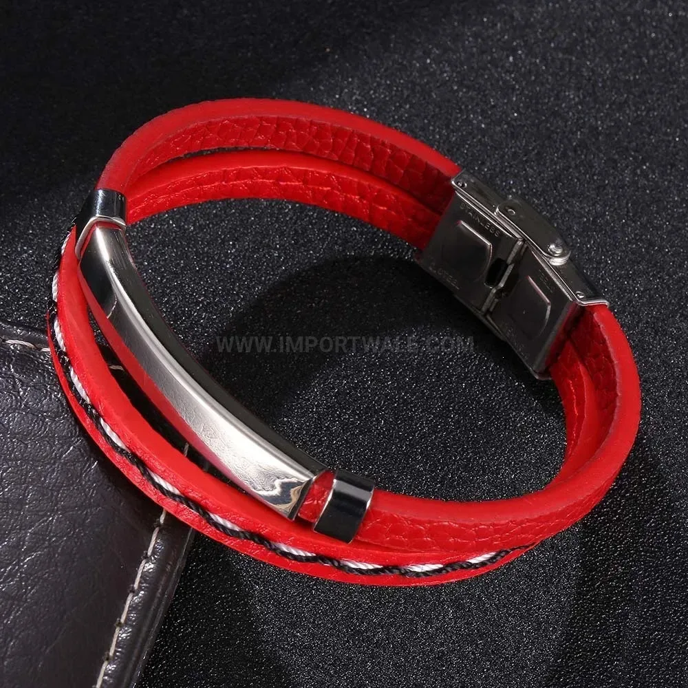 Braided Red Leather Bracelet with Curved Stainless Steel Bar