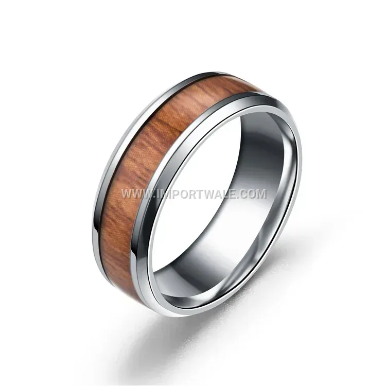 Wood Grain Inlaid Stainless Steel Band Ring