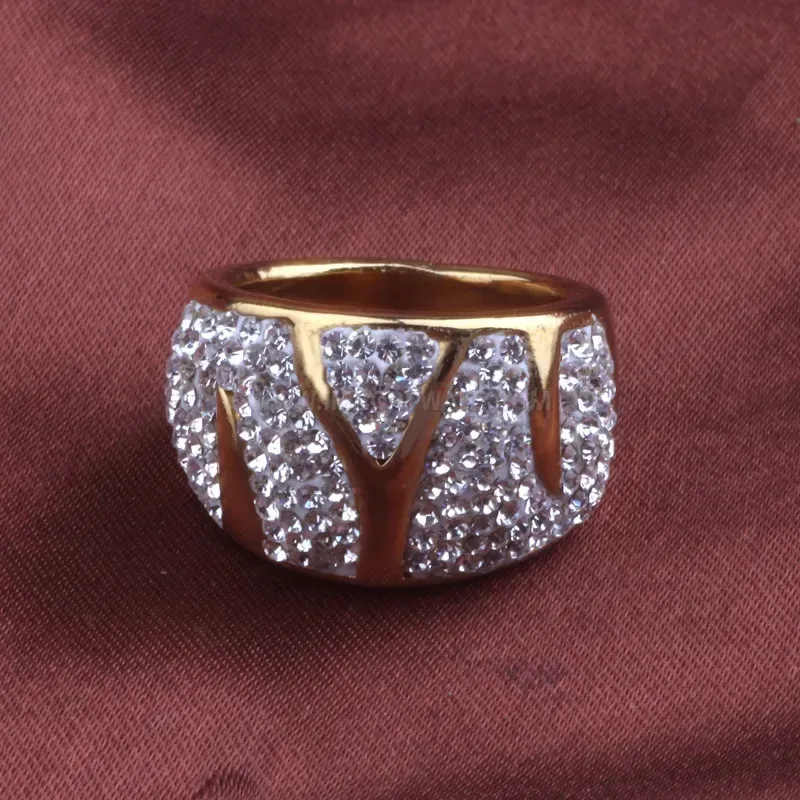 Wave Shaped Gold Plated Stainless Steel Rhinestone Ring
