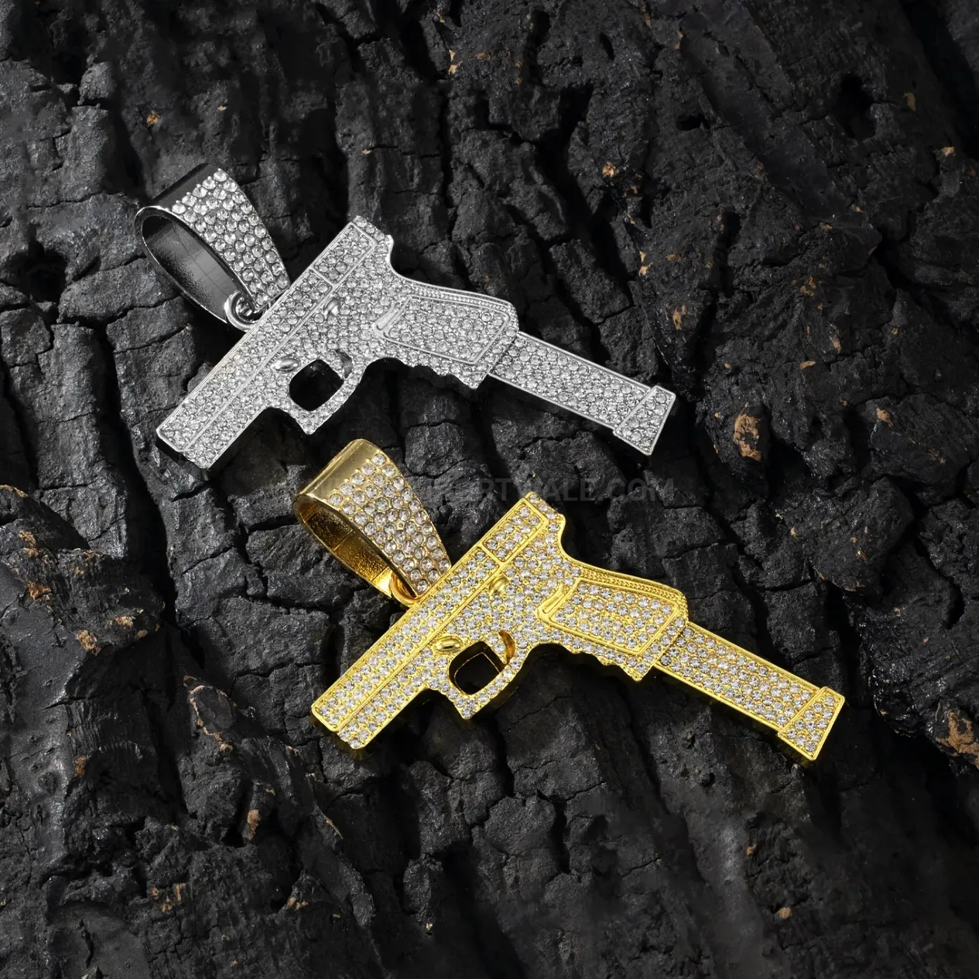 Bold Rhinestone Zinc Alloy Pistol Handgun Pendant for Men and Women