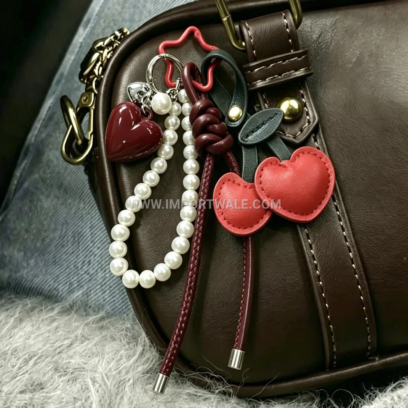 Burgundy Leather Heart and Cherry Charm Keychain