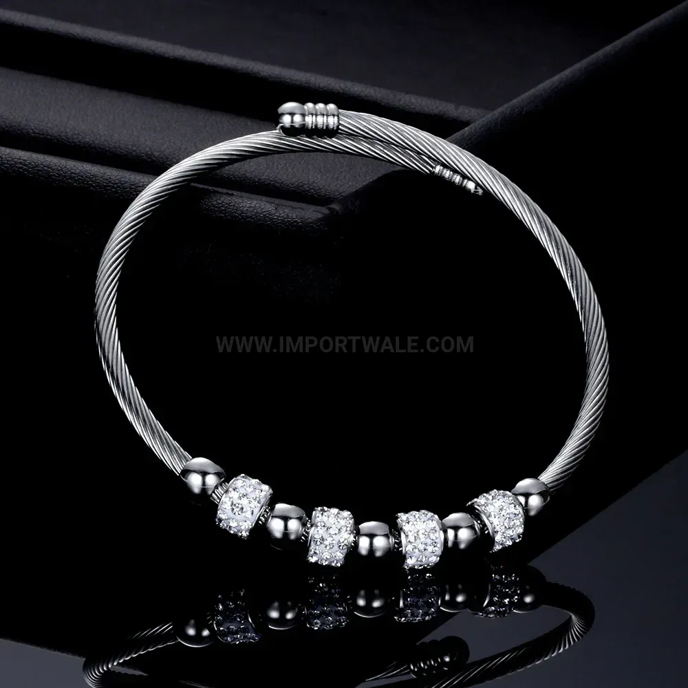 Trendy Adjustable Stainless Steel Cable Wire Cuff Bangle with Crystal Beads