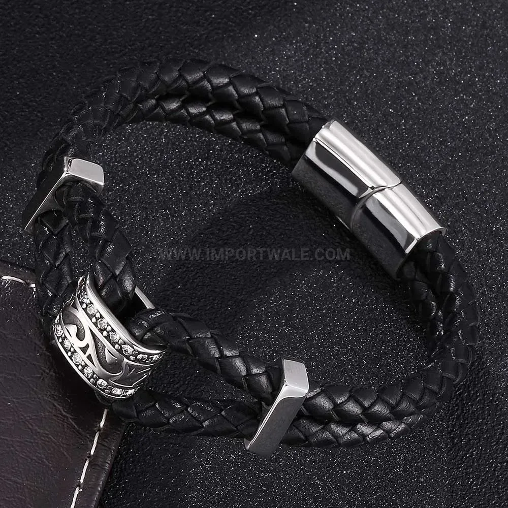 Woven Leather and Stainless Steel Punk Style Clasp Wrap Bracelet
