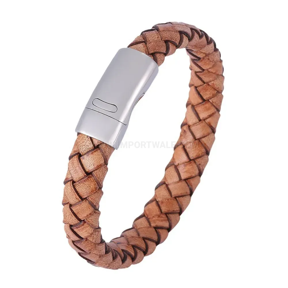Classic Braided Leather Wristband with Stainless Steel Magnetic Clasp