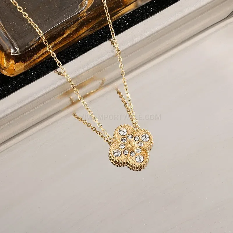 Stylish Rhinestone Four Leaf Clover Shell Pendant Stainless Steel Necklace
