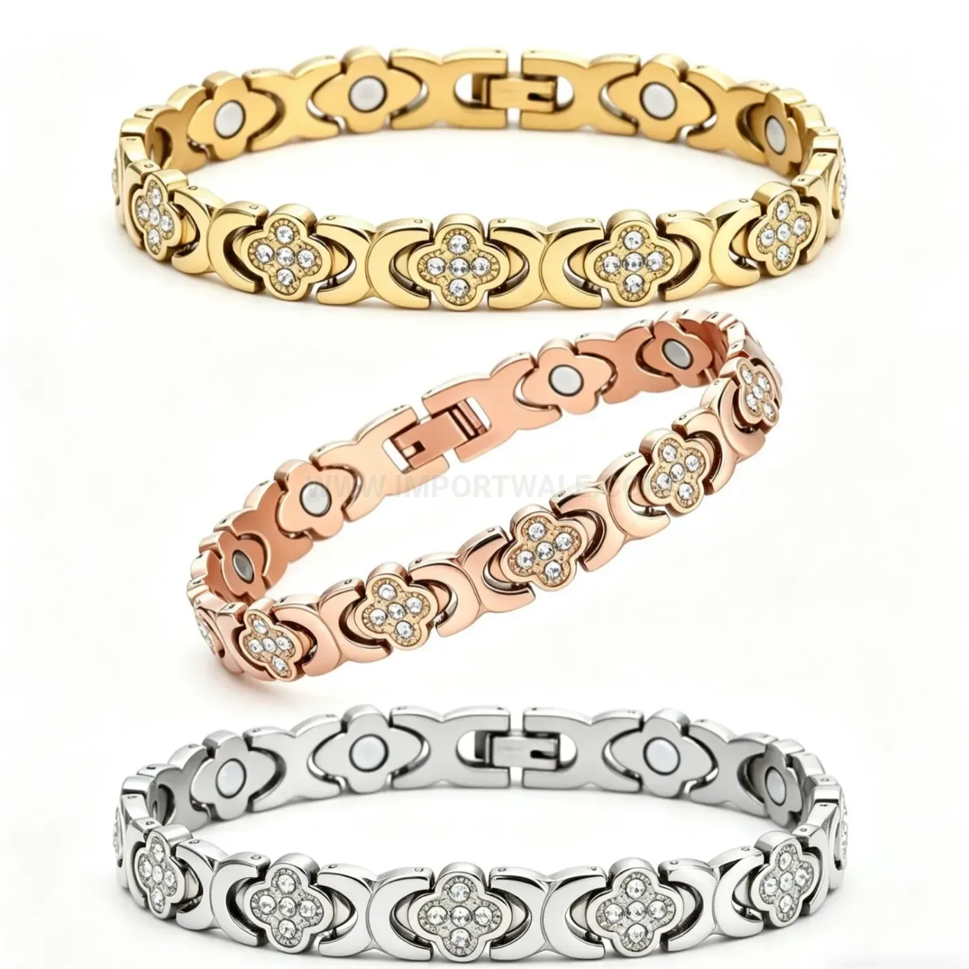 Designer Clover Crystal Inlaid Titanium Steel Magnetic Bracelet