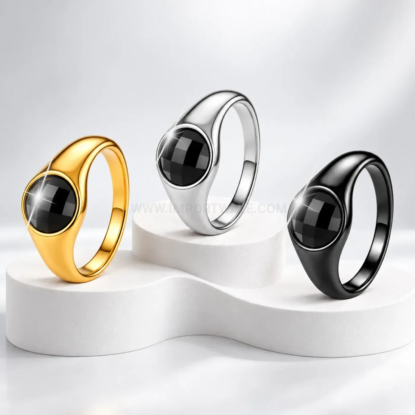 Stainless Steel Signet Ring with Black Inlay Accent