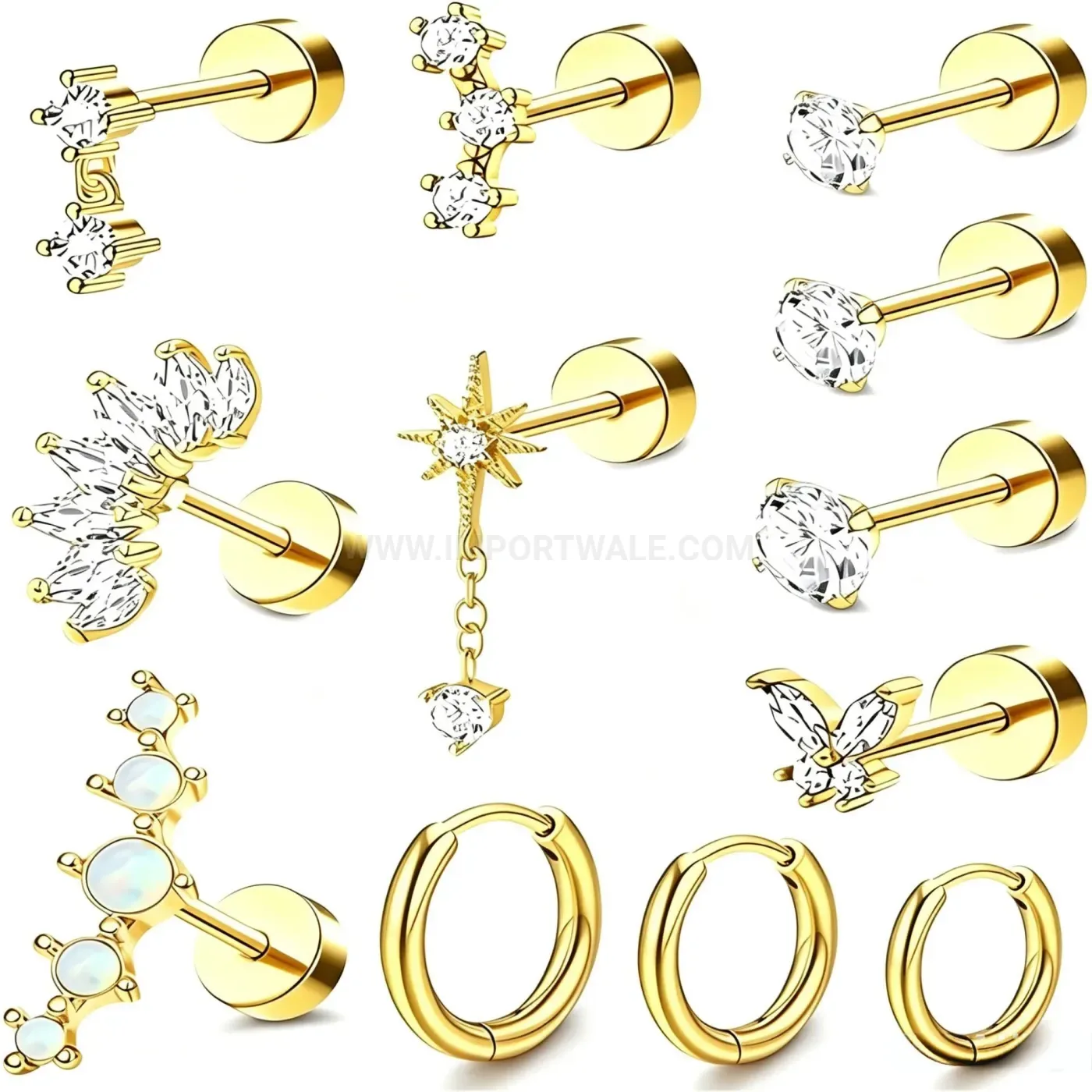 Elegant Stainless Steel Butterfly Chain Piercing Stud Earring Set