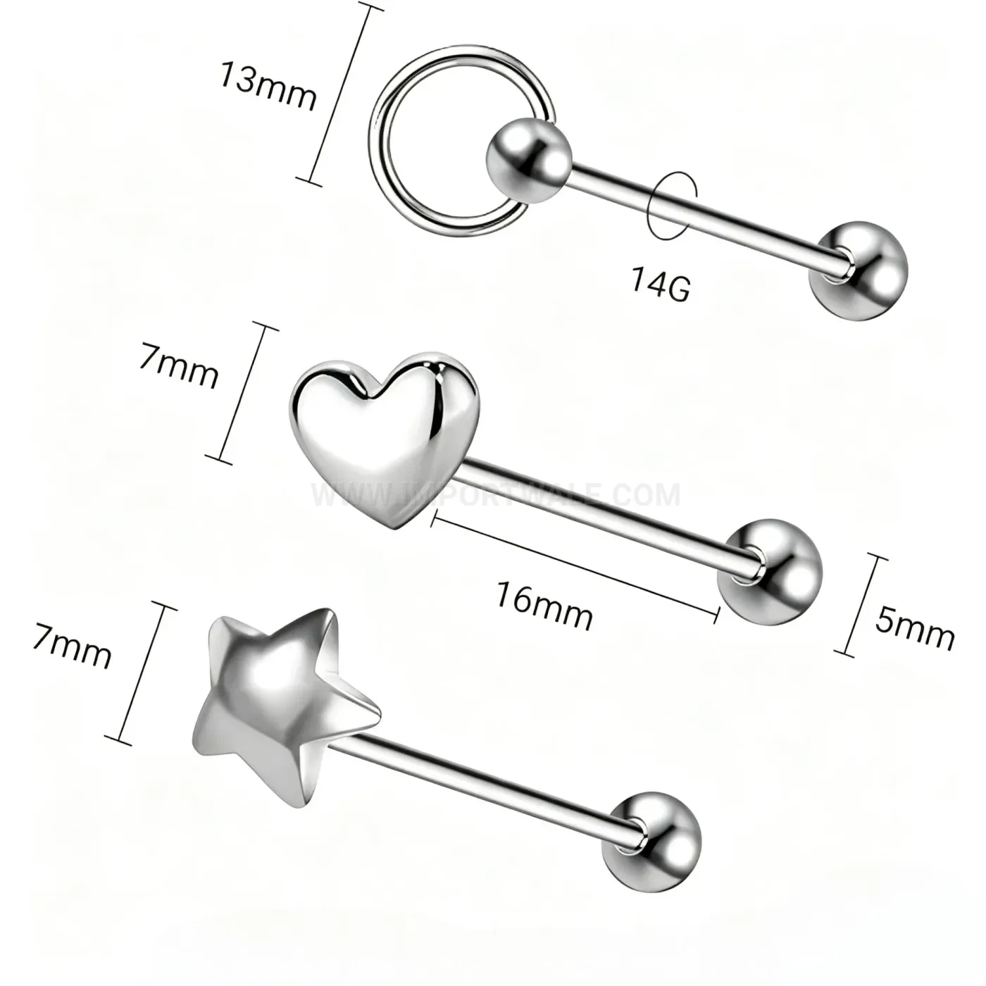 Classic Heart and Star Stainless Steel Barbell Piercing Studs