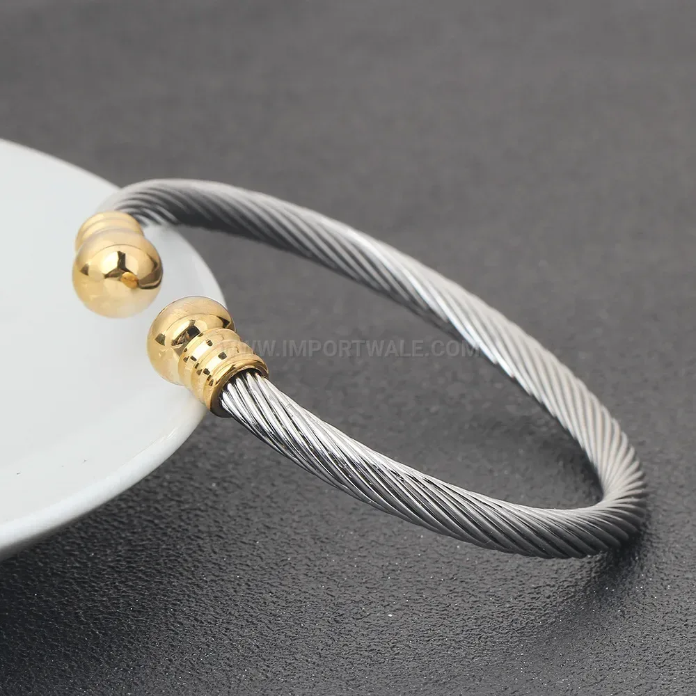 Stylish Adjustable Cable Wire Stainless Steel Cuff Bangle with Bead Details