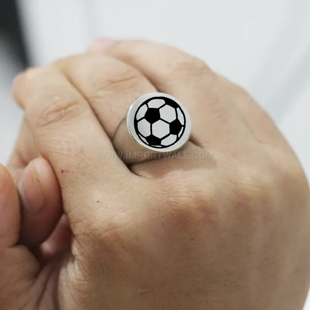 Classic Laser Engraved Football Pattern Stainless Steel Round Signet Ring