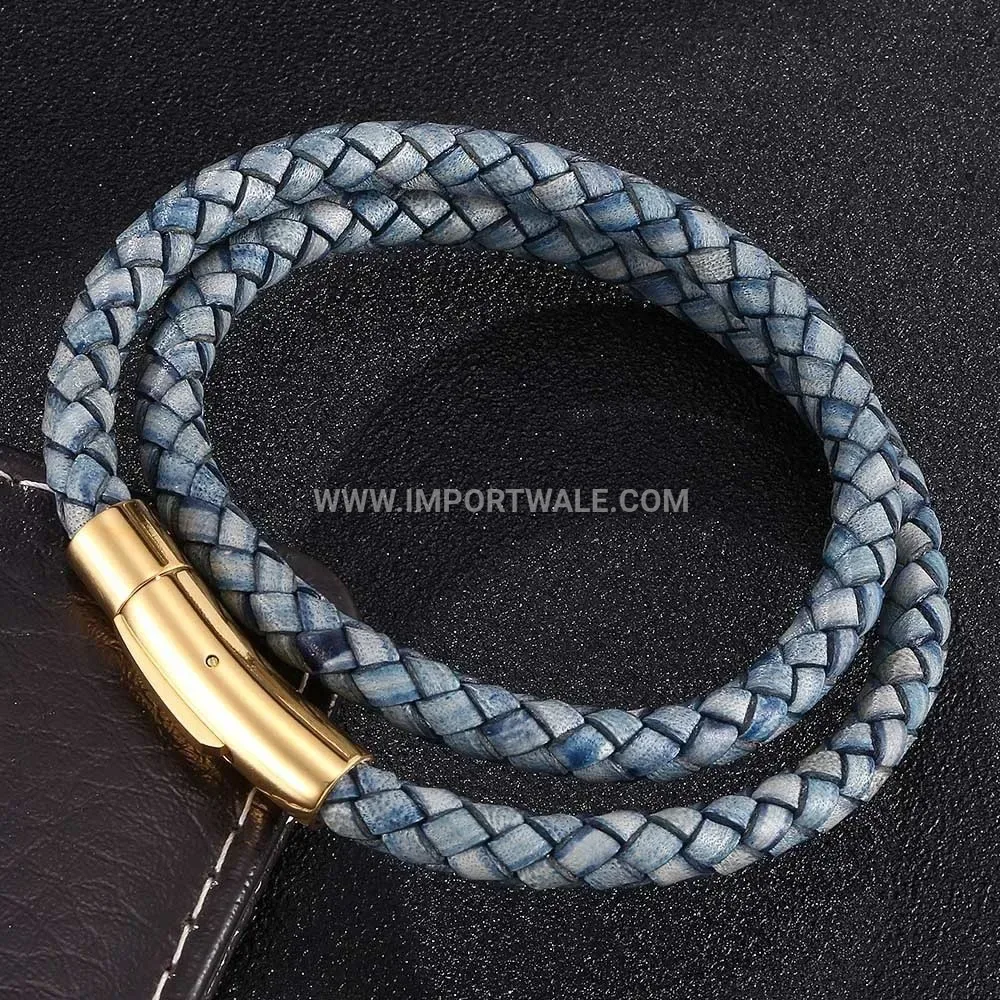 Double Wrap Vintage Leather Stainless Steel Gold Accented Cuff Bracelet