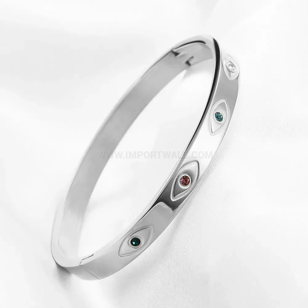 Modern Stainless Steel Evil Eye Cubic Zirconia Bangle Bracelet