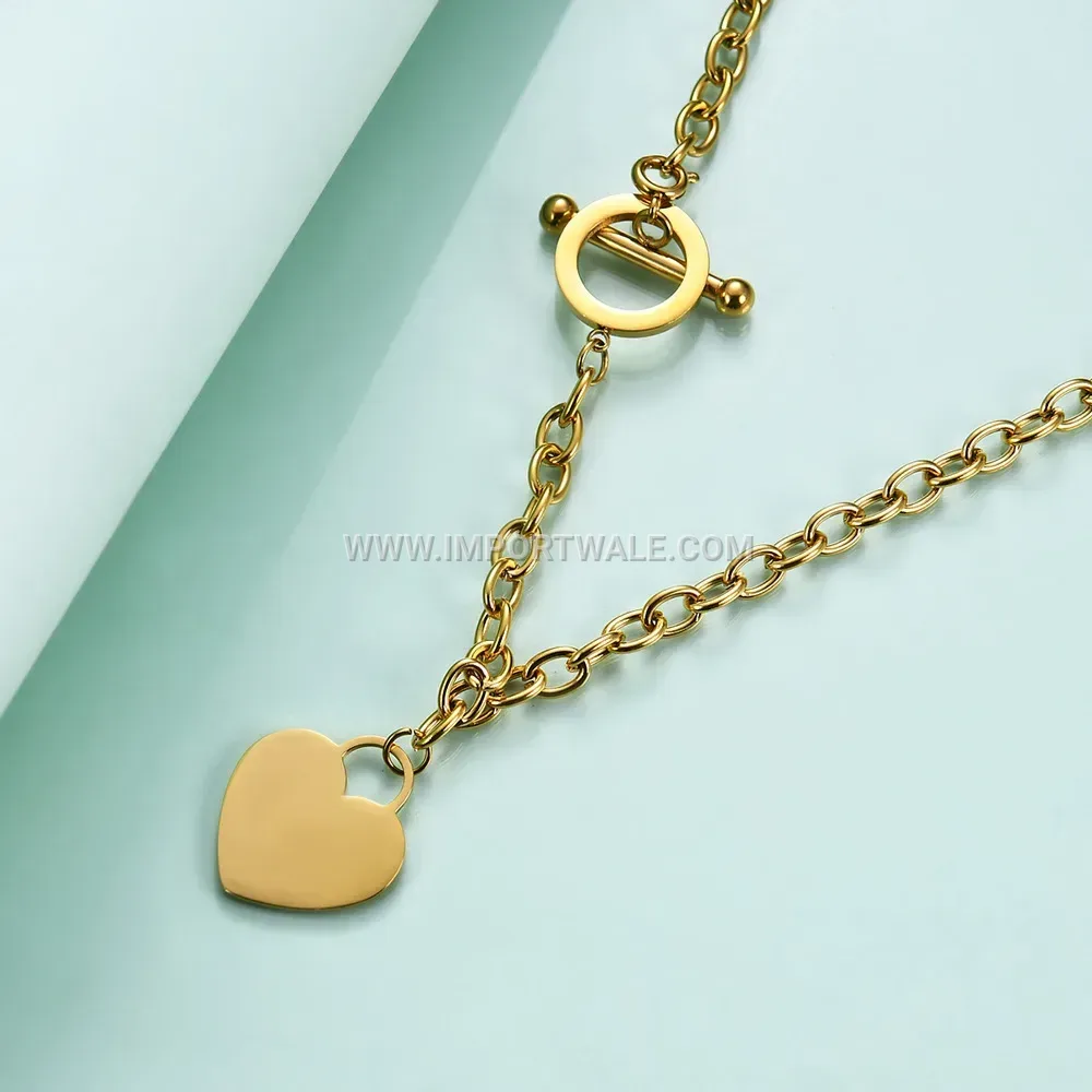 Engraved Initial Heart Pendant Toggle Necklace in Gold Plated Stainless Steel