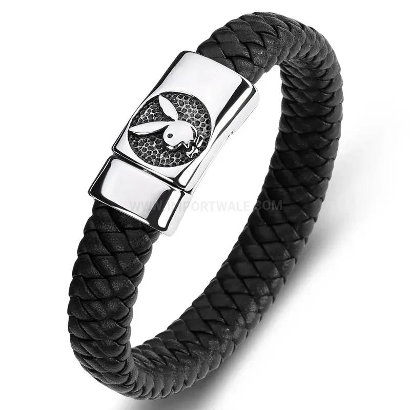 Chic Stainless Steel Handcrafted Leather Bunny Charm Bracelet