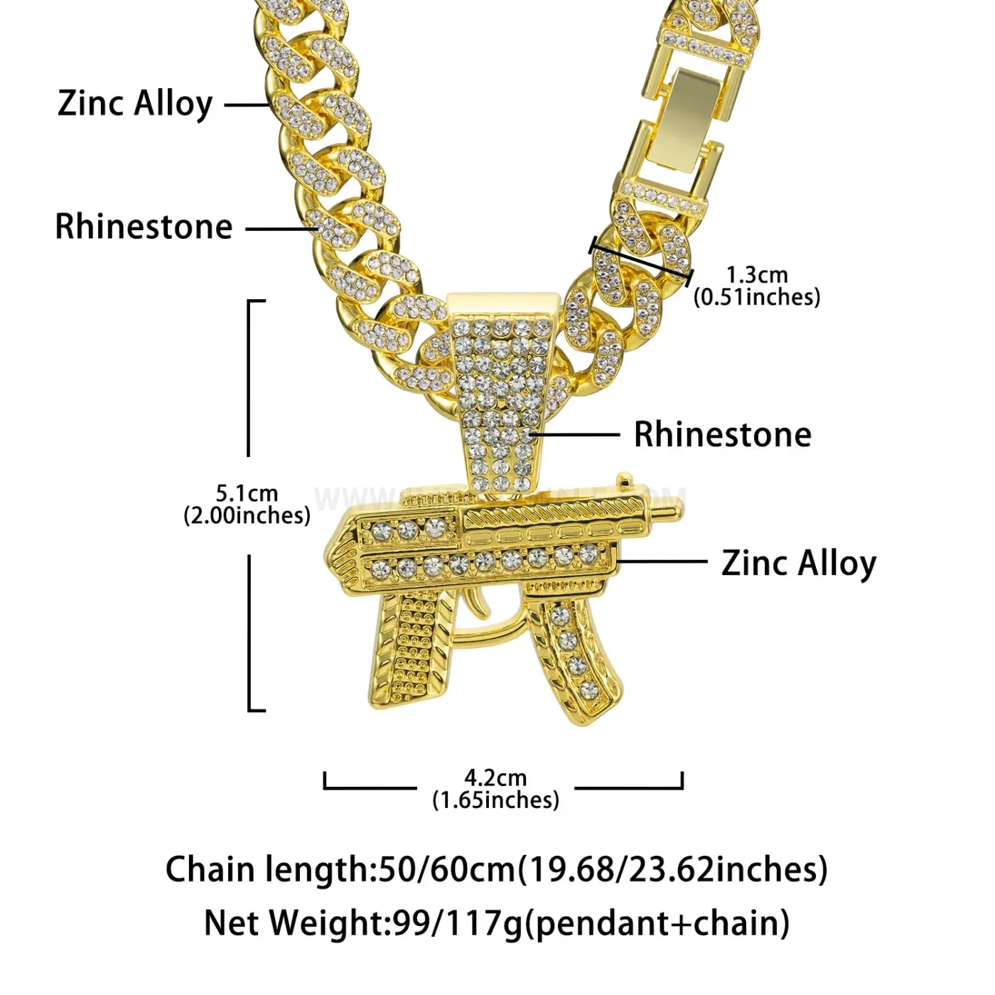 Elegant Rhinestone Submachine Gun Alloy Pendant Cuban Chain Necklace