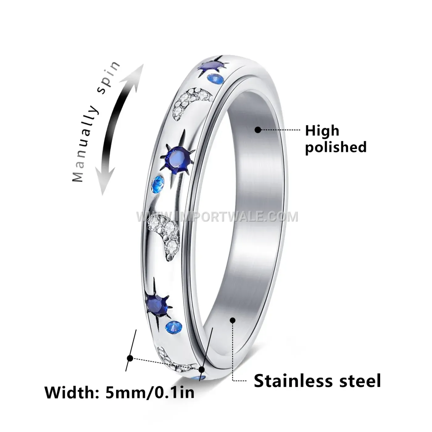 Multicolor Zircon Inlaid Stainless Steel Spinner Ring