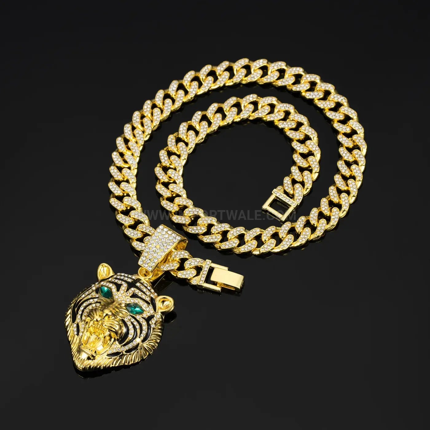 Green Eyes Tiger Head Iced Out Alloy Pendant Necklace
