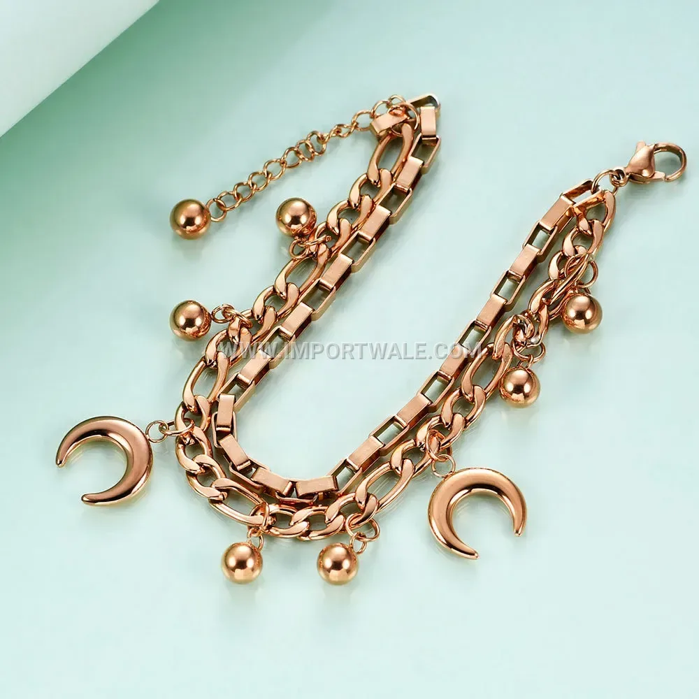Double Layer Stainless Steel Cuban Chain Bracelet with Moon Charm