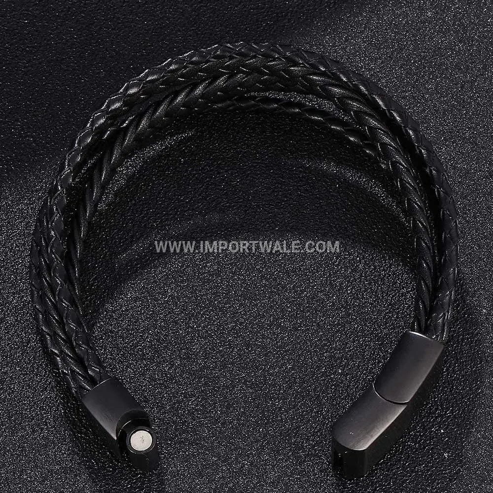 Handmade Woven Leather Bracelet with Stainless Steel Magnetic Clasp