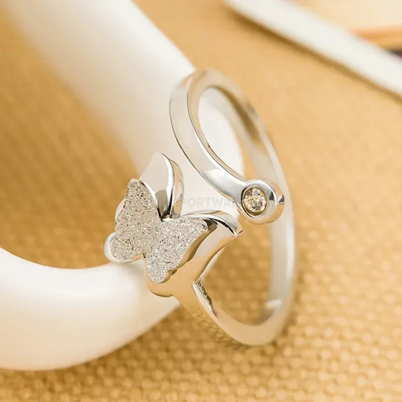 Trendy Frosted Butterfly Open Stainless Steel Adjustable Ring