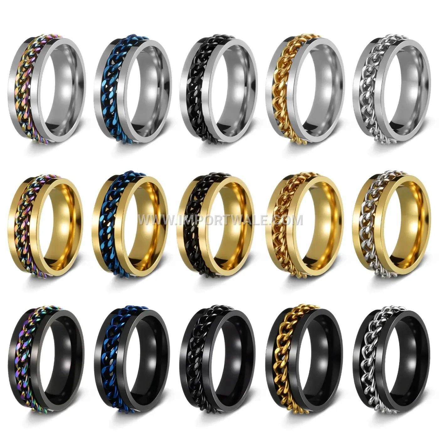 Rotating Chain Inlay Stainless Steel Spinner Band Ring