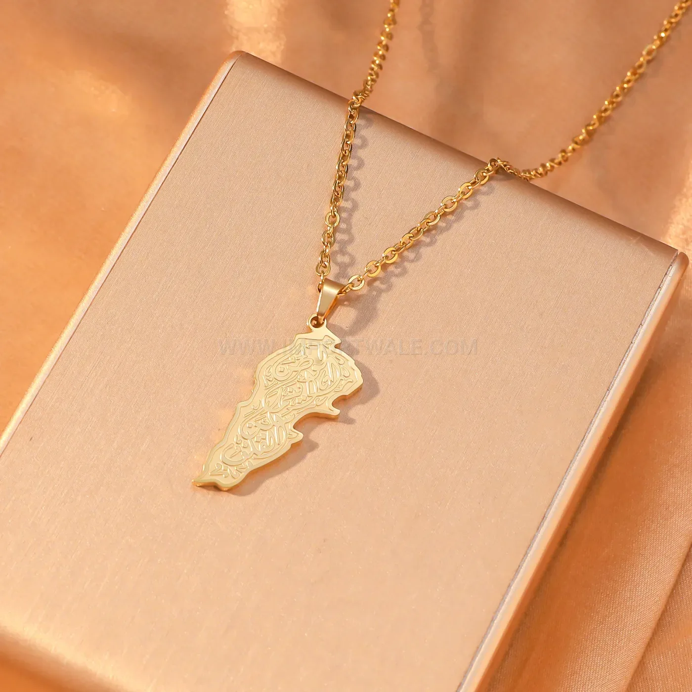 Gold Plated Stainless Steel Palestine Map Arabic Calligraphy Necklace