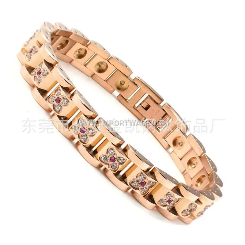 Rhinestone Floral Titanium Steel Magnetic Couple Bracelet