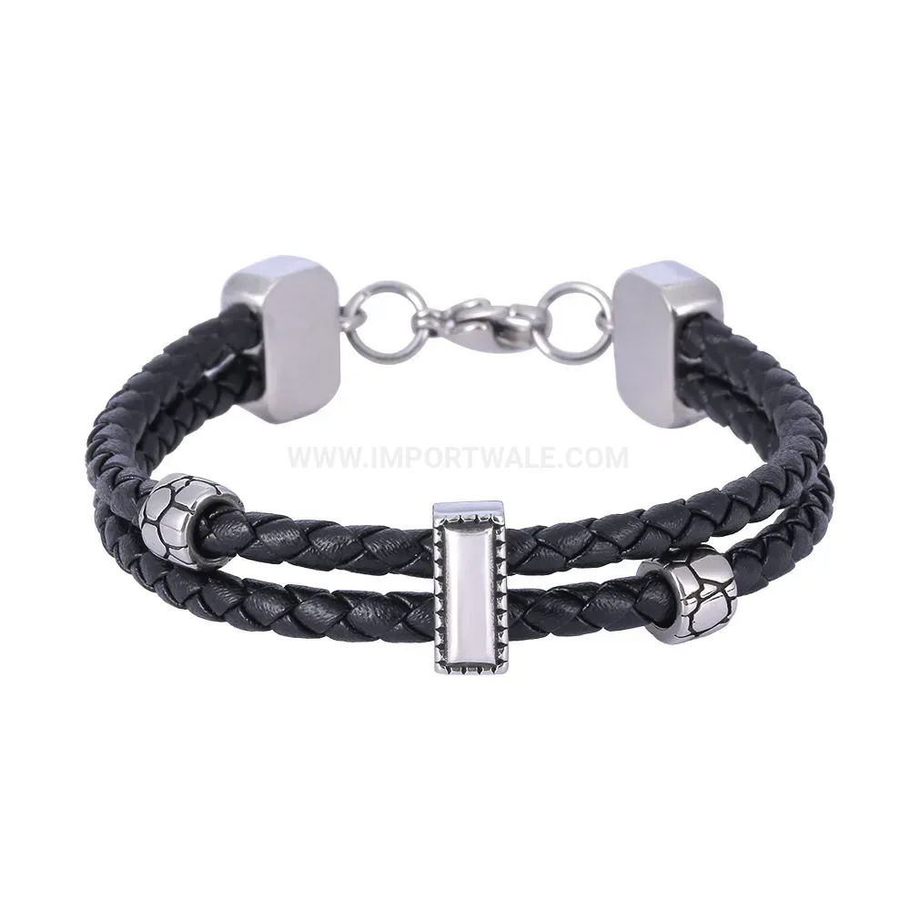 Double Layer Braided Black Leather Steel Accent Mens Bracelet