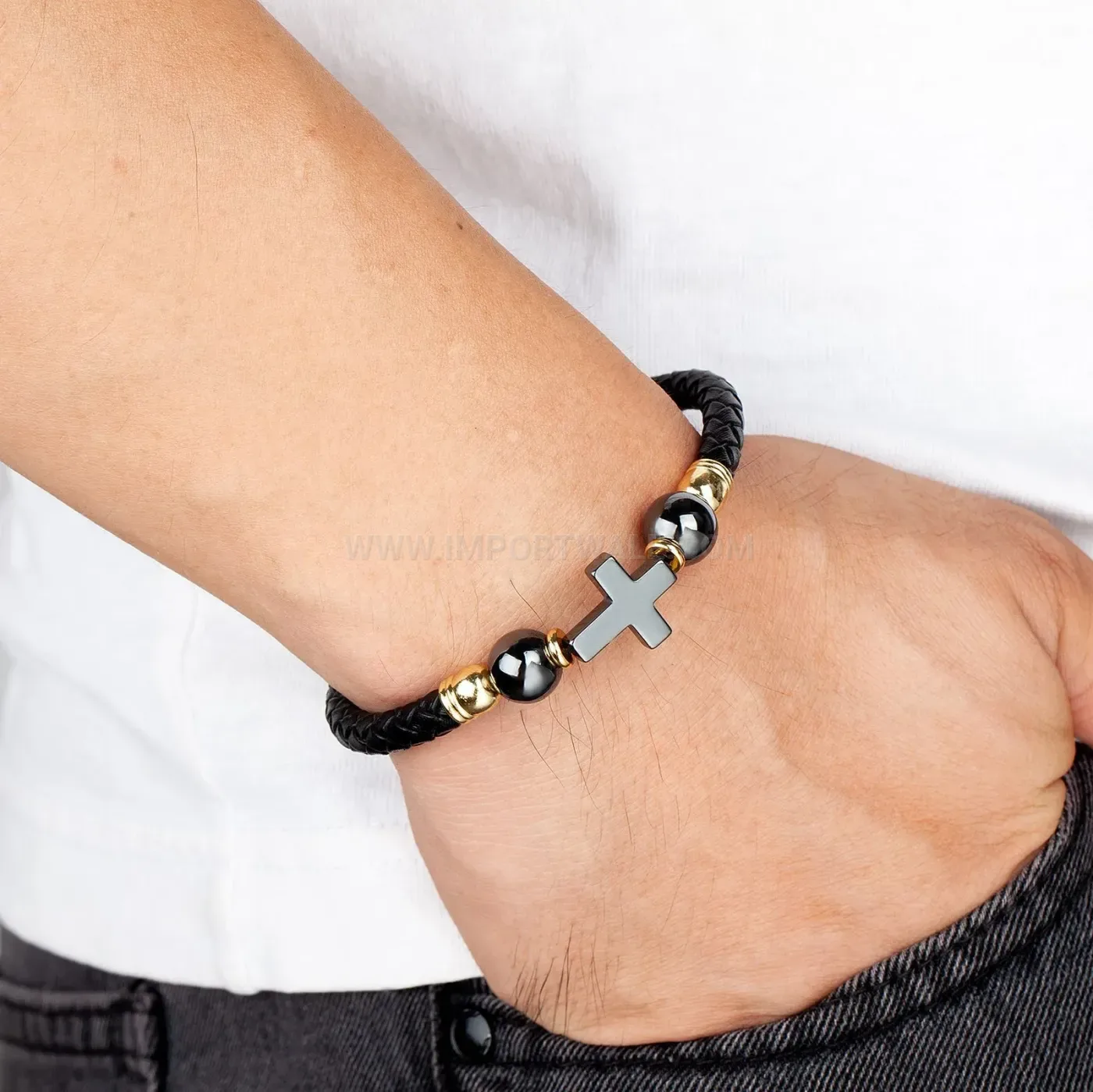 Handwoven Leather Rope Bracelet with Natural Stone and Stainless Clasp