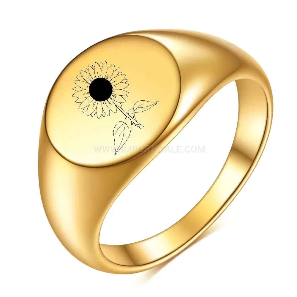 Stylish Sunflower Engraved Polished Stainless Steel Wide Ring