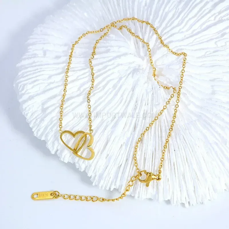 Bold Delicate Double Ring Heart Pendant Gold Titanium Steel Necklace