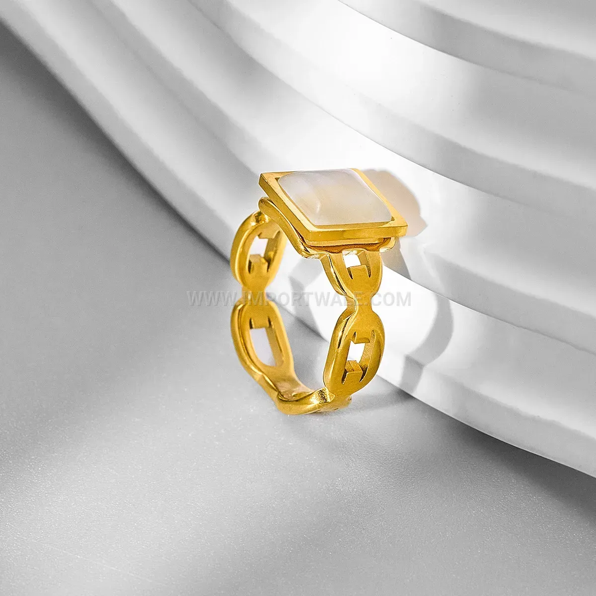 Geometric Cutout Stainless Steel Gold Plated Zircon Band Ring
