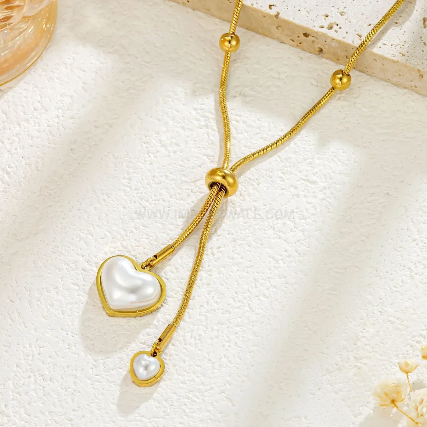 Chic Adjustable Double Heart Pearl Accent Stainless Steel Snake Chain Necklace