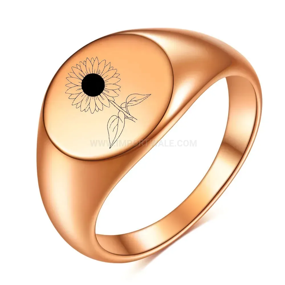 Stylish Sunflower Engraved Polished Stainless Steel Wide Ring