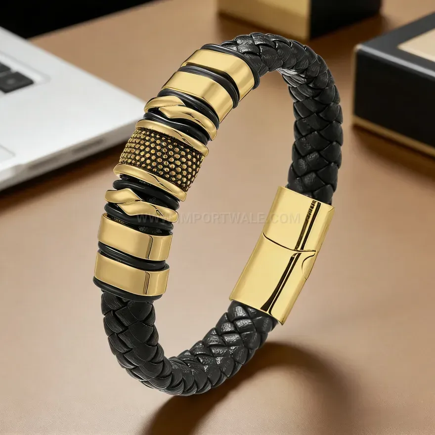 Modern Braided Leather Magnetic Clasp Bracelet with Alloy Accents