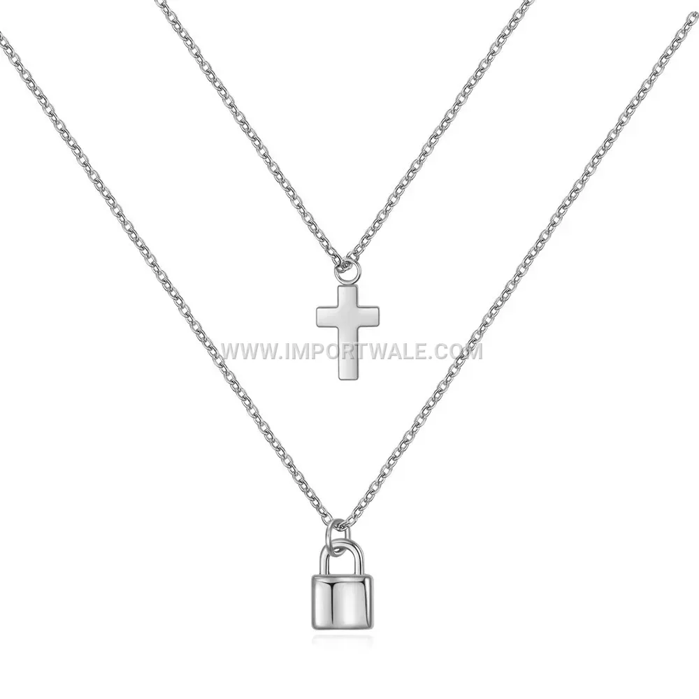 Retro Stainless Steel Padlock and Cross Pendant Necklace