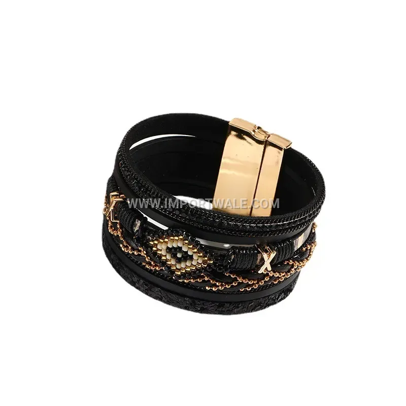 Handmade Woven Leather Beaded Bracelet with Evil Eye
