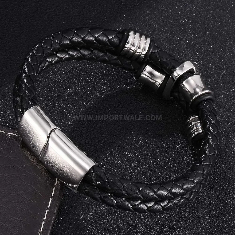 Designer Retro Skull Stainless Steel Accent Woven Leather Cord Bracelet