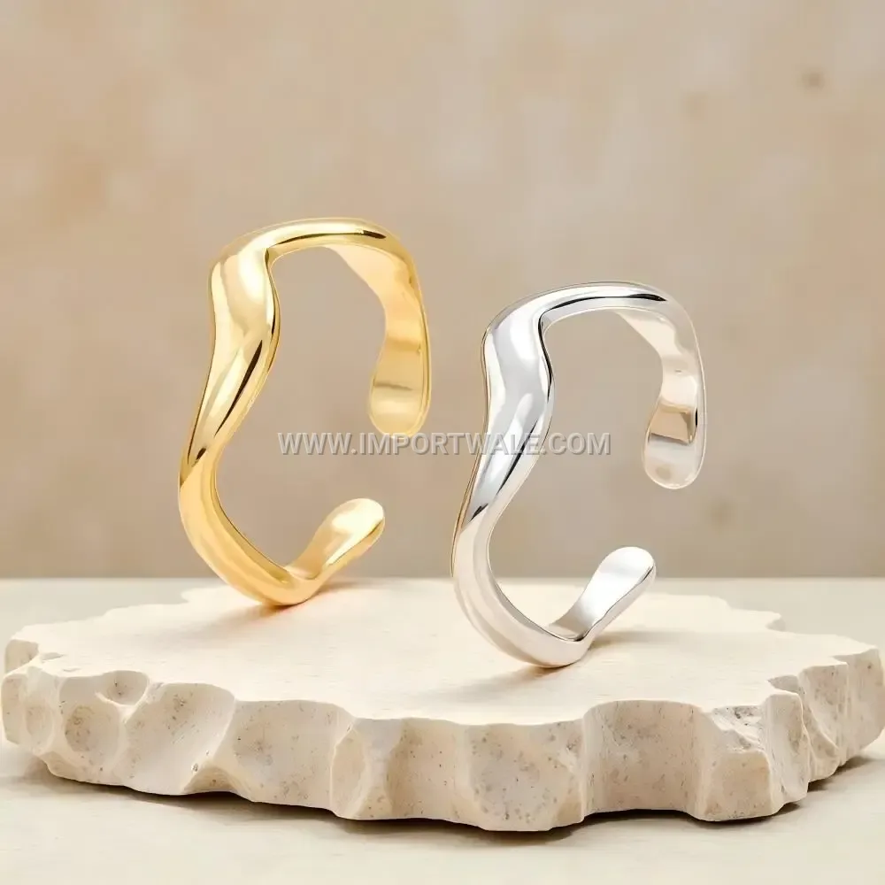 Geometric Wave Adjustable Stainless Steel Open Ring